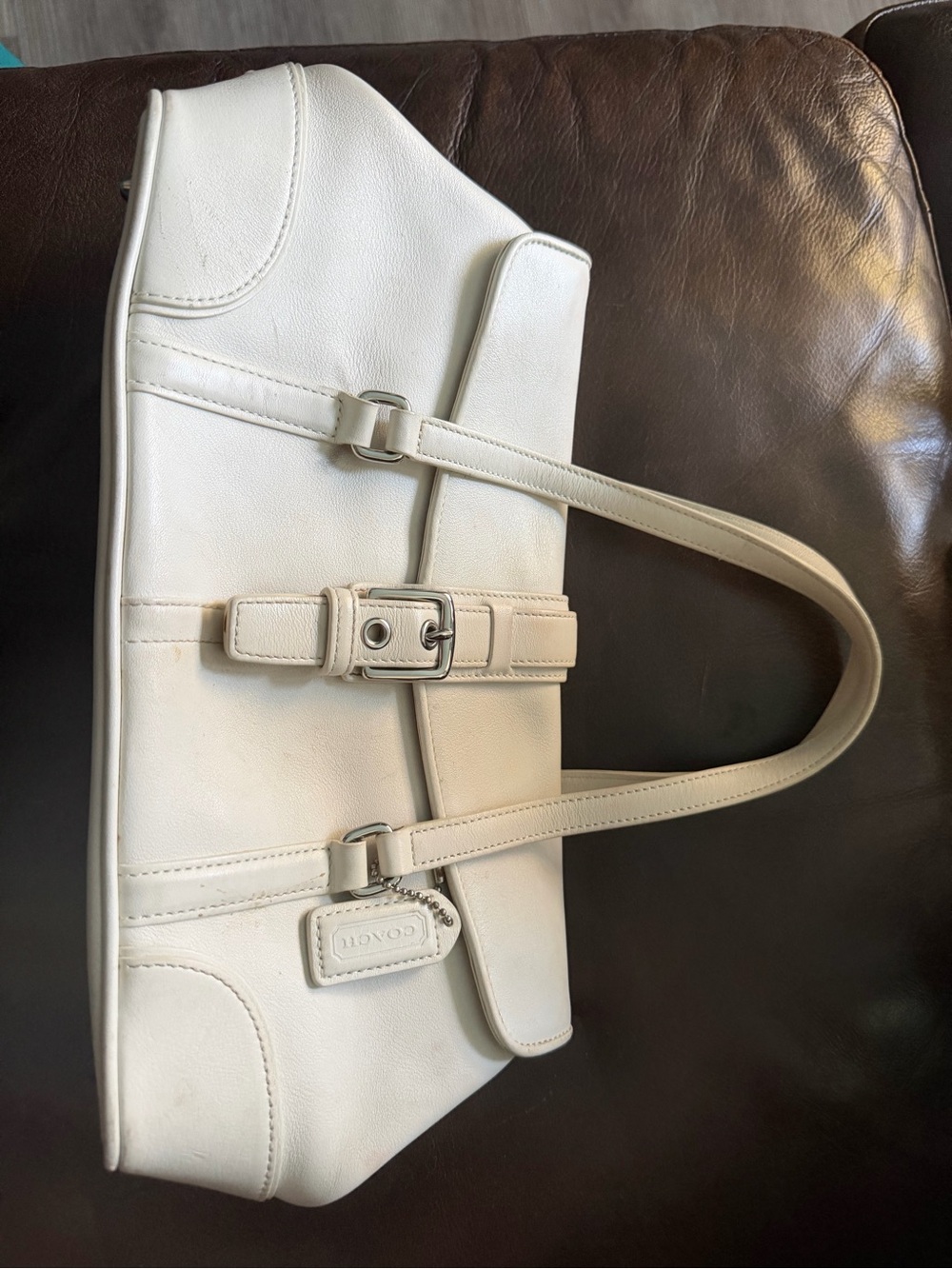 Coach Cream Leather Shoulder Bag with Buckle Strapcoach
